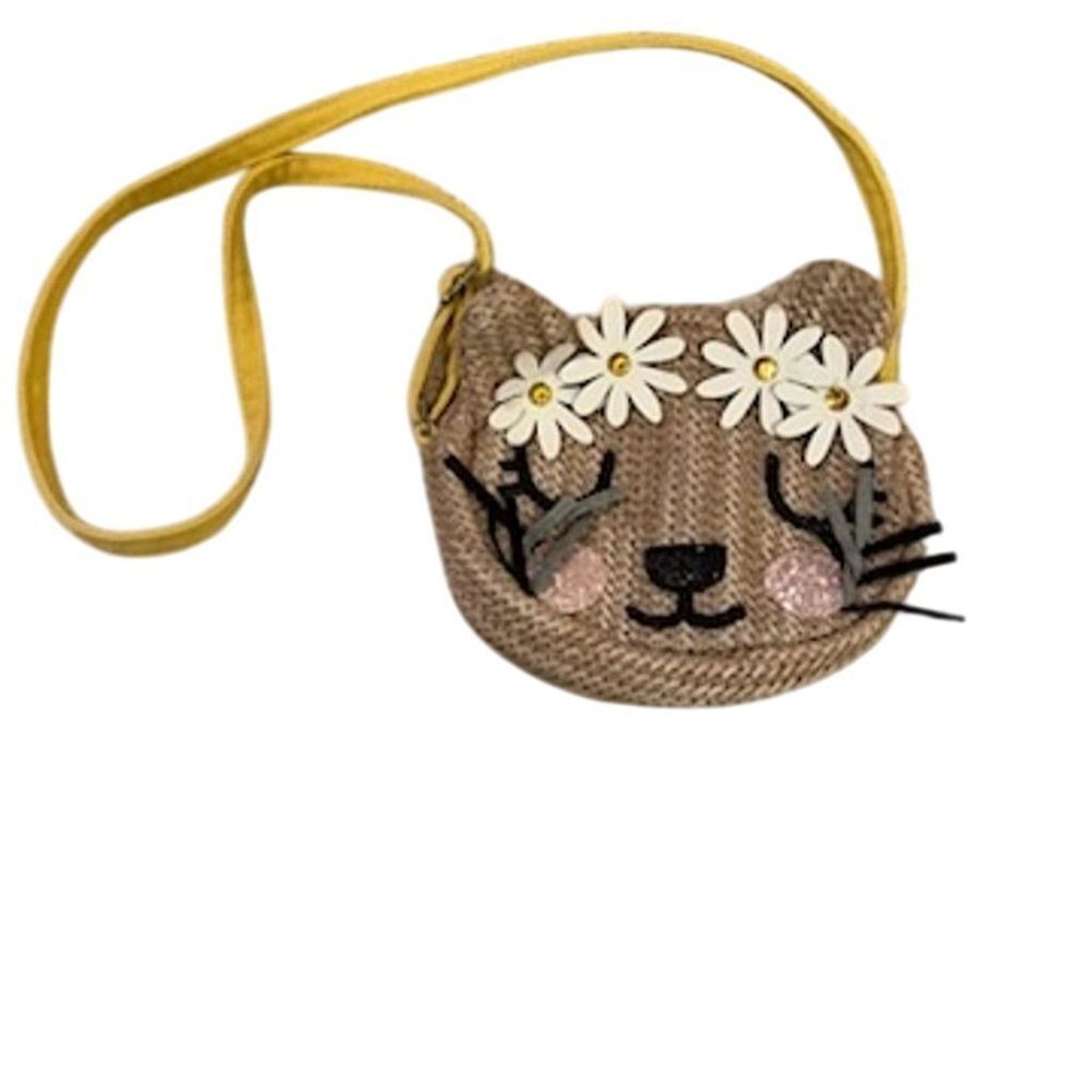 Women's Small Cat Face Straw Crossbody Bag with Floral Accents Casual cosplay